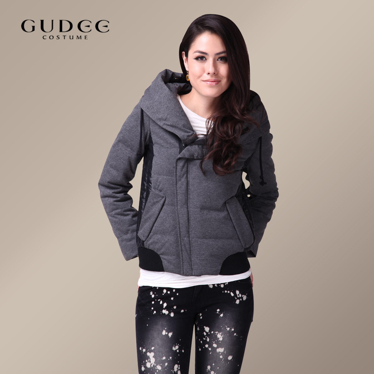 Gudee2012 short design hooded grey knitted fashion brief patchwork down coat