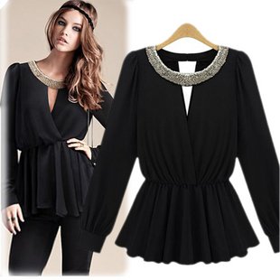 Gypsy Vintage Black Blouse Sequined Rivet Sexy Chiffon Blouses Peplum Long sleeve Ruffles Tee Bling Women's Casual Shirt Hipster