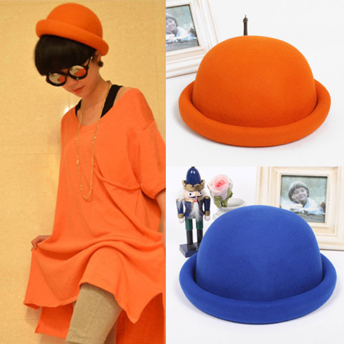 H&m autumn and winter candy color vintage woolen dome fedoras small round hat roll-up hem