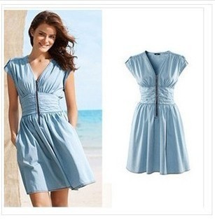 H&m denim one-piece dress zipper pleated 100% cotton water wash blue one-piece dress slim waist v-neck dress