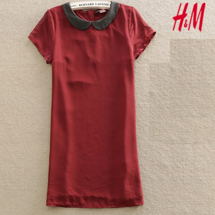 H&m hm divided faux leather peter pan collar short-sleeve chiffon slim one-piece dress