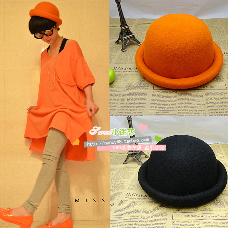H&m small sweet autumn and winter candy color vintage woolen fedoras dome small round hat