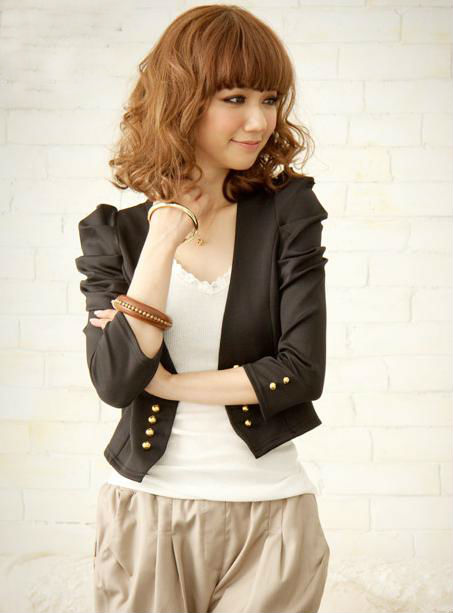 H3833 temptation fashion puff sleeve coat double gold buckle