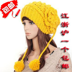 Hair balls solid color ear protector cap autumn and winter female handmade knitted lovely hat muffler scarf dual