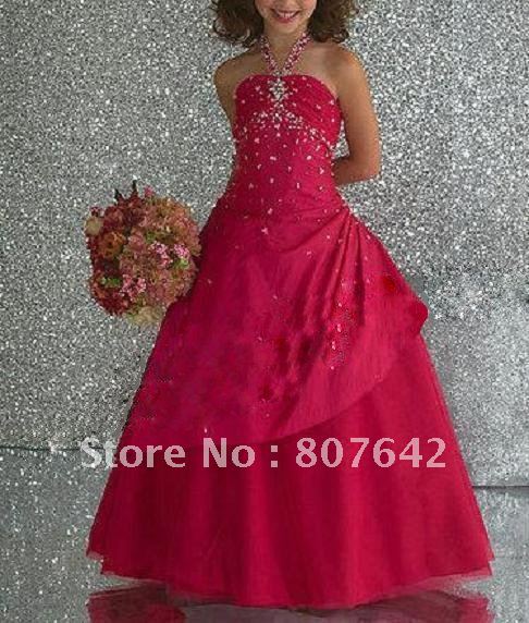 Halter Bead Red Flower Girl Dress A Line Organza and Satin new arrival 2013 Girl Gown Sky-673 wholesale &retail