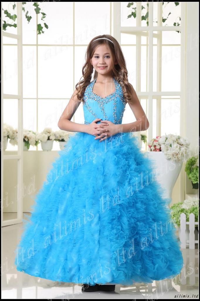 Halter Blue Beads Ball Gown Kids Girls Pageant Prom Formal Dance Party Dresses