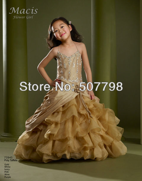 Halter embroidery ruched brow taffeta organza mermaid little flower girl pageant dress