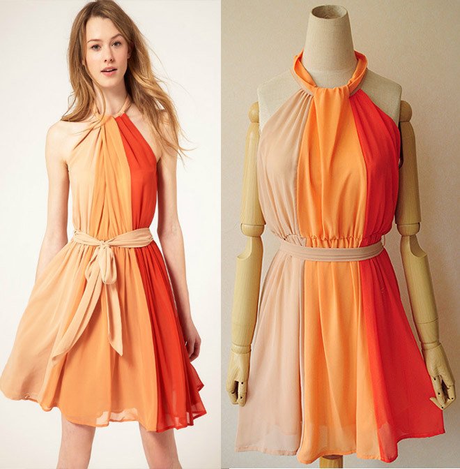 Halter neck chiffon rainbow color stripe belt mini dress 2013 new/wholesale H*M dress/Free shipping/ FZ0654