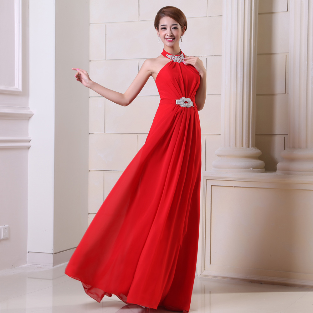 Halter-neck Gowns Party Engagement Long Formal Dresses Fashion Banquet Evening Red 5 Size Free Shipping Maxi Chiffon QZ165