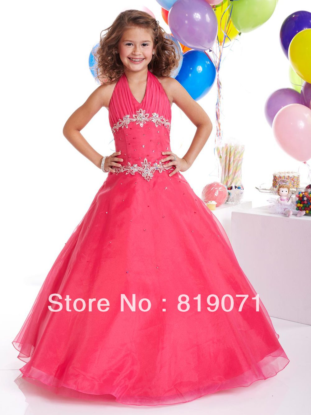 halter pink party dress flower girl dresses ball gowns organza Beaded princess dress for weddings Embroidery 2013
