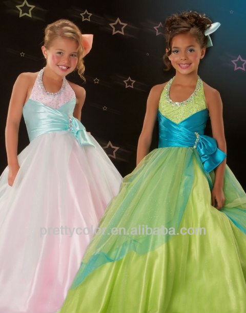 halter scoop beaded decorations a-line bow details silk ribbons floor length pageant gowns flower gown dresses