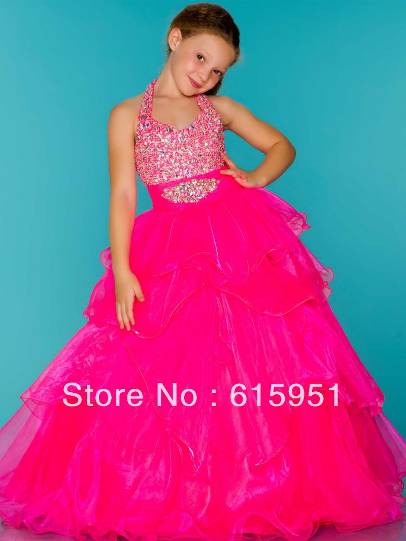 Halter Top Little Girl Pageant Dress Rhinestone Covered Halter Top Hot pink Pageant Dress JY244