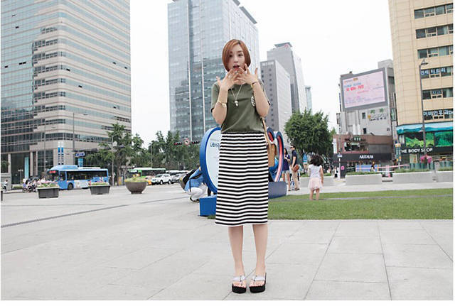 Han dress fashion leisure splicing color stripe dress short sleeve clothes even the waist joker MIDI