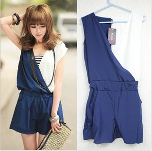 Han edition dress in the summer of 2013 V collar sleeveless splicing jumpsuits/Two kinds of color /free shipping