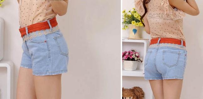 Han edition joining together bull-puncher knickers female light color bud silk adornment hot pants female