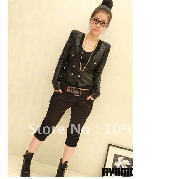 Han edition leisure thin body edition double-breasted V small leather jacket Free shipping