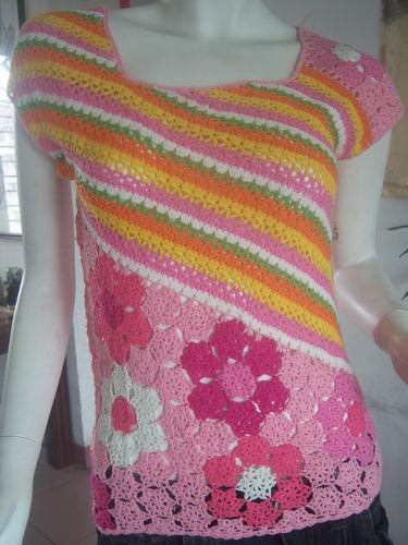 Handicraft Weaving Sweater Vests Women Size M Pink (Multi-Colored) Cotton100%