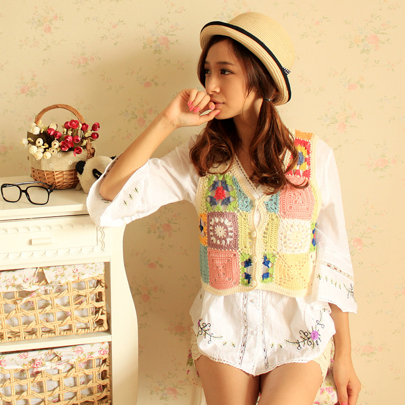 Handmade 6.5 crotch cutout color block decoration sweater vest
