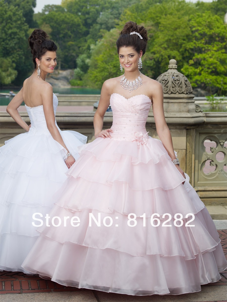 Handmade Flower Sweetheart Beaded Ball Gown Anke Length Organza Prom Gowns Quinceanera Dresses  & Fashion Dresses