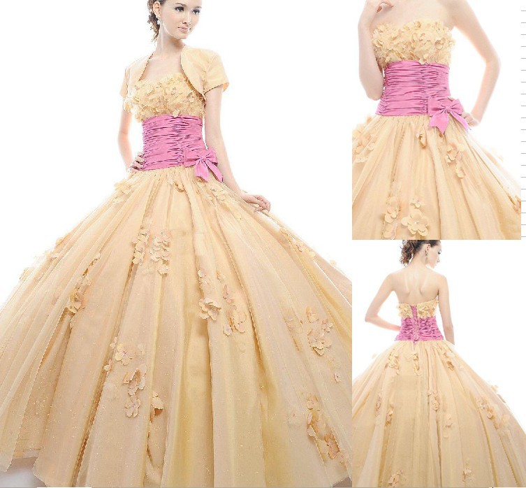 Handmade Flowers Tulle Quinceanera dresses Ball Gown 2013 free shipping  Champange Pageant  New Coming Sweetheart Beaded
