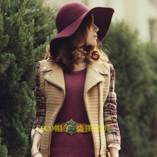 Handmade line autumn and winter women's wool hat claretred large brim cap