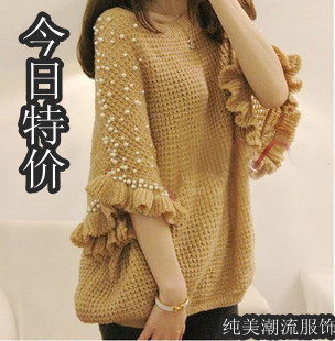 Handmade pearl laciness batwing shirt women's medium-long plus size sweater shirt sweater female