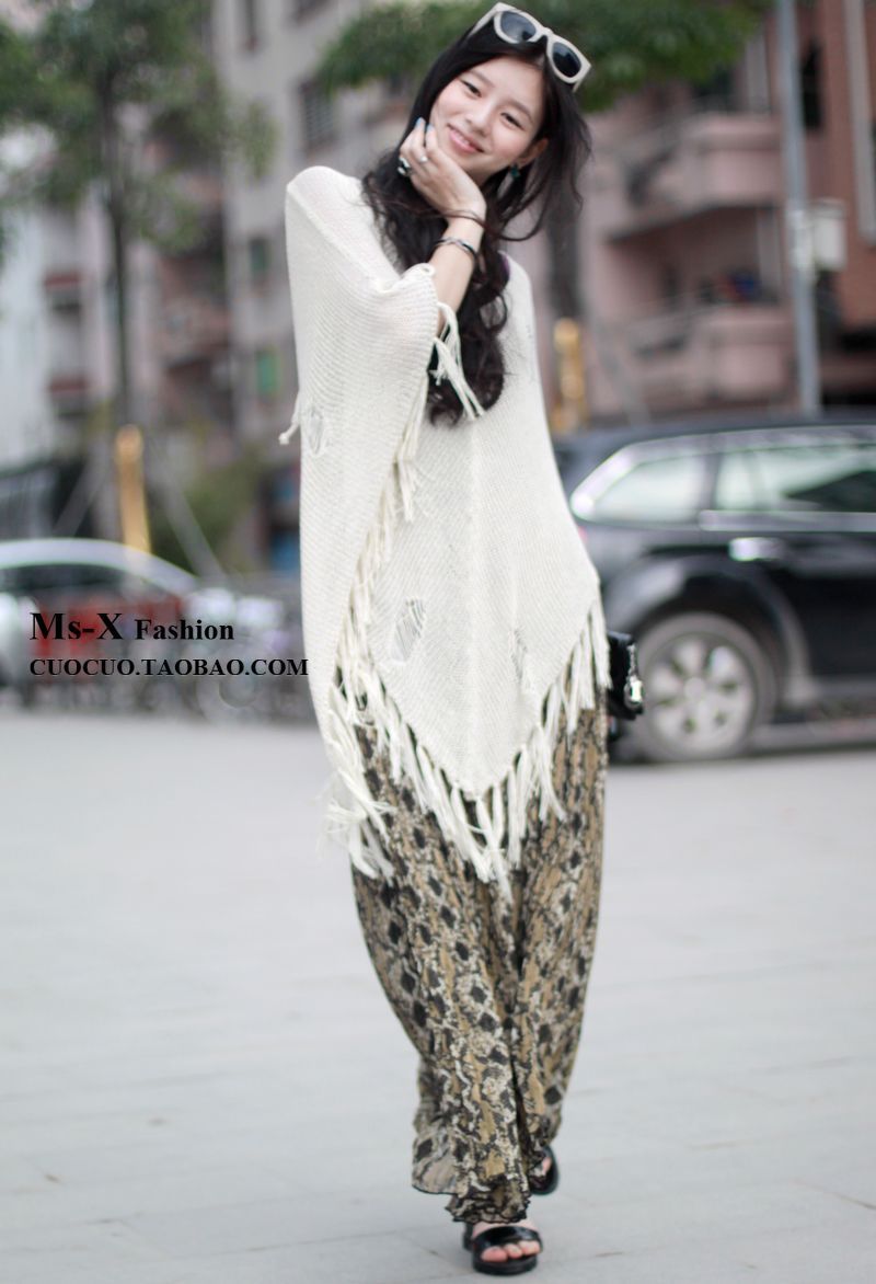Handmade tassel hole cape long design loose V-neck cloak shirt