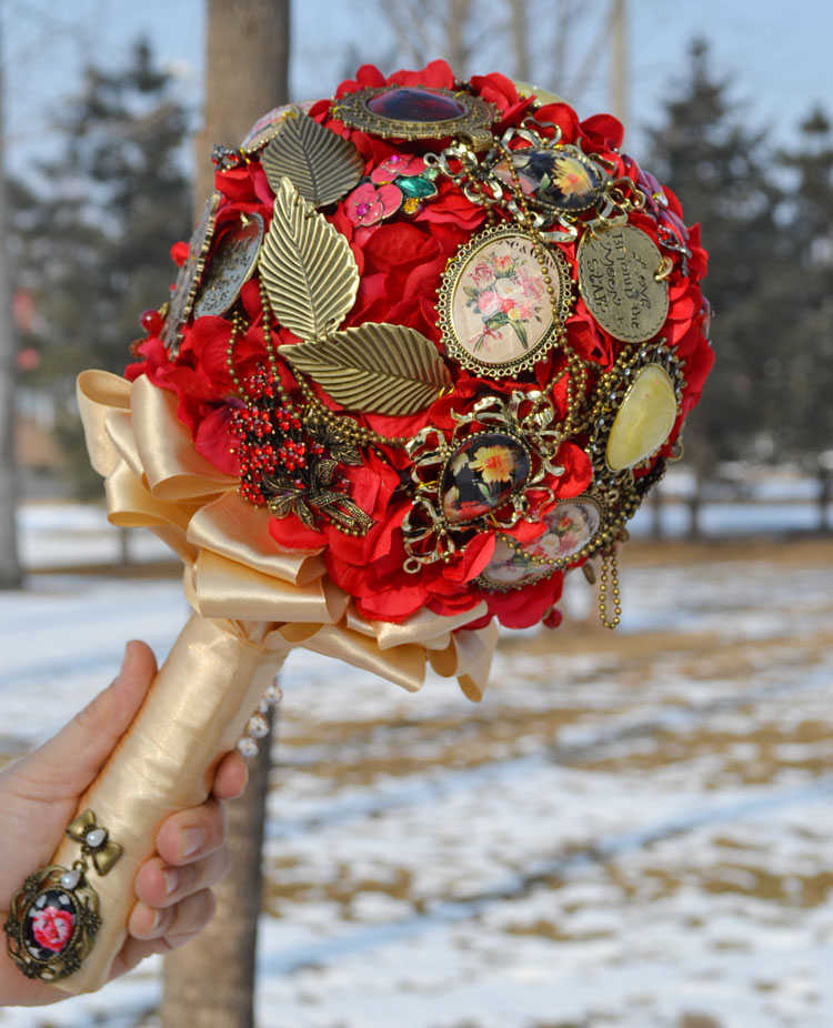Handmade wedding flower bride holding flowers red vintage bead brooch holding flowers free shipping