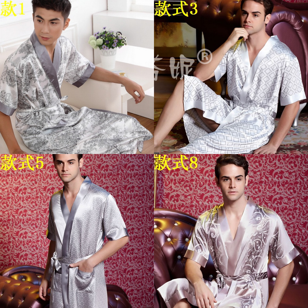 Handsome cool summer male short-sleeve faux silk sleepwear robe plus size available