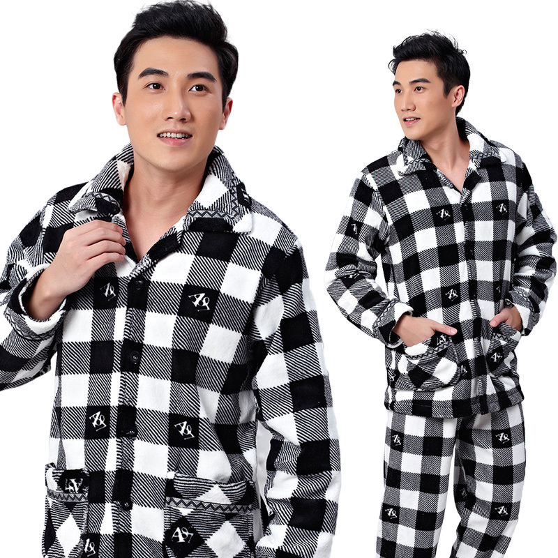 Handsome male plaid sleep set inve men's coral fleece