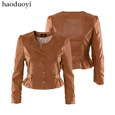 Haoduoyi 2012 water washed leather brown collarless slim waist women's leather clothing leather jacket outerwear hm6 full