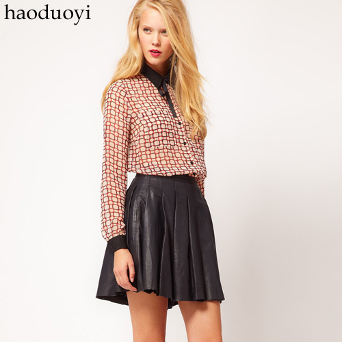 Haoduoyi PU leather black pleated short skirt pleated leather skirt piano leather skirt 6 full