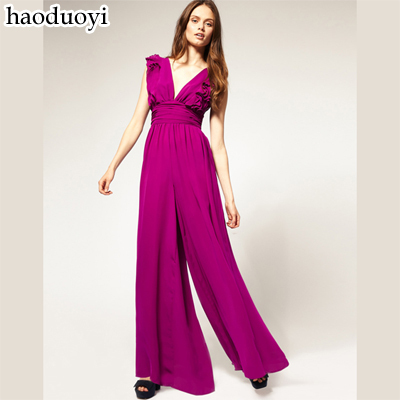 Haoduoyi sexy deep V-neck ruffle hem chiffon jumpsuit high waist jumpsuit 3 5 full