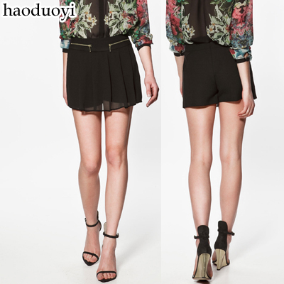 Haoduoyi skirt shorts Black pleated chiffon shorts zipper decoration 6 full