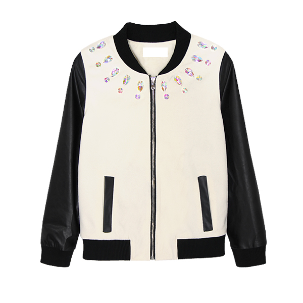 HARAJUKU zipper calabooses PU barege diamond baseball uniform slim short jacket