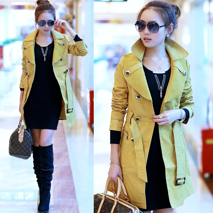 Has1109y fashion turn-down collar slim 2012 autumn women's street all-match color block trench Free Shipping