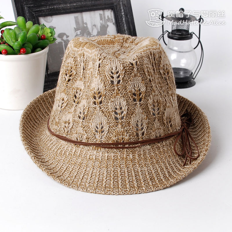 - hat alice leather bow decoration cutout yarn knitted hat