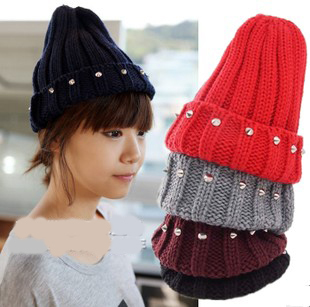 Hat autumn and winter female thick yarn punk rivet knitted hat autumn and winter knitted hat