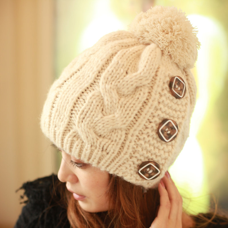 Hat female autumn and winter button twisted knitted hat female warm hat knitted hat