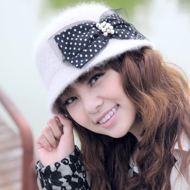 hat female autumn and winter elegant pearl bow rabbit fur beret hat autumn and winter female