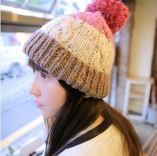 Hat female autumn and winter knitted hat female winter thermal three-color color block decoration large sphere knitted hat