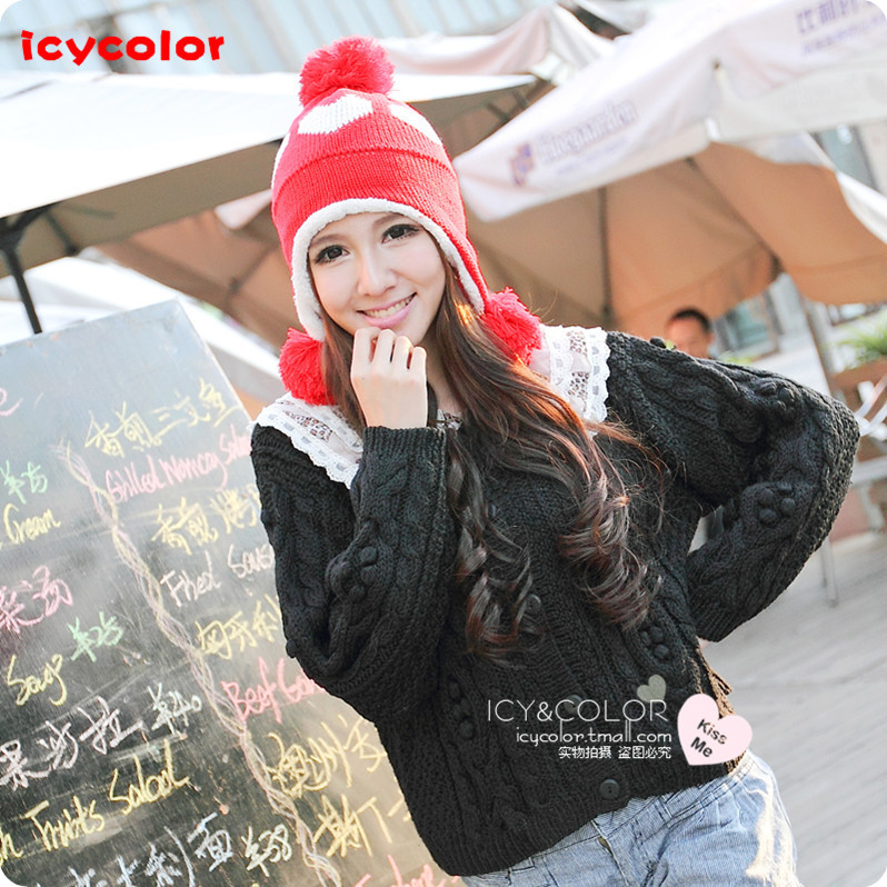 Hat female autumn and winter love big ball cap knitted winter knitted hat lei feng cap