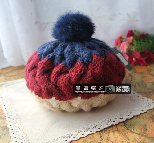 Hat female autumn and winter rabbit fur ball color block decoration color block knitted hat beret women's thermal