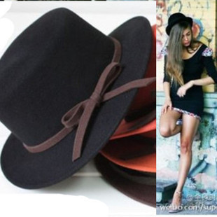 Hat female autumn and winter women's fashion jazz hat bow pure woolen flat hat