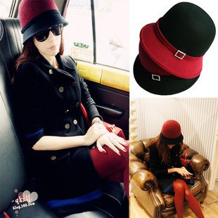 Hat female color block decoration two-color autumn and winter fashion fedoras woolen billycan