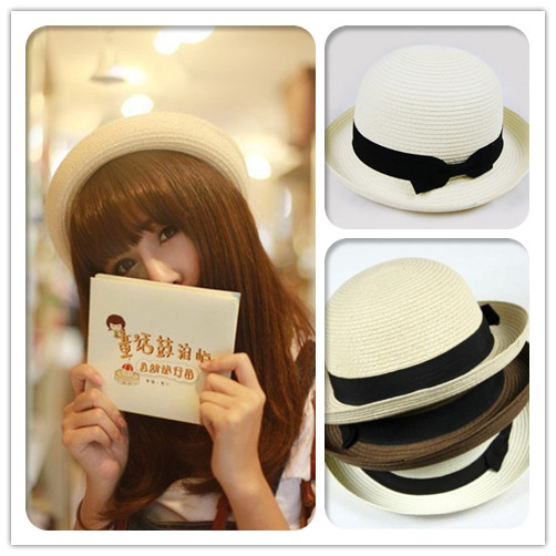 Hat female spring and summer sunbonnet dome roll-up hem small fedoras bow beach cap strawhat cap