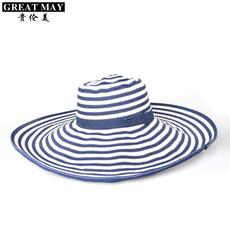 Hat female summer blue and white super large straw braid cap sun-shading large along the cap