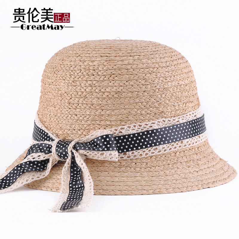 Hat female summer bow polka dot strawhat straw braid hat