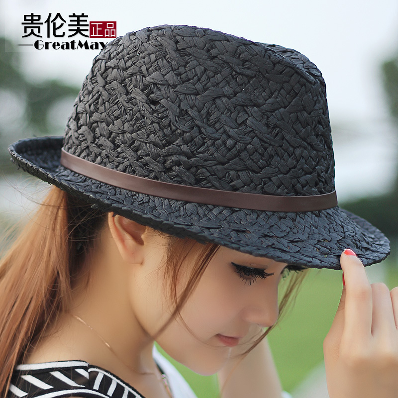 Hat female summer fedoras strap metal chain decoration straw braid hat all-match handsome jazz hat