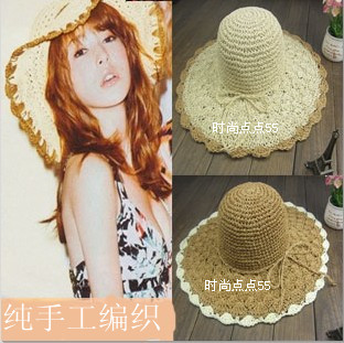Hat female summer handmade strawhat beach cap braid straw large brim hat travel sunbonnet big along the cap
